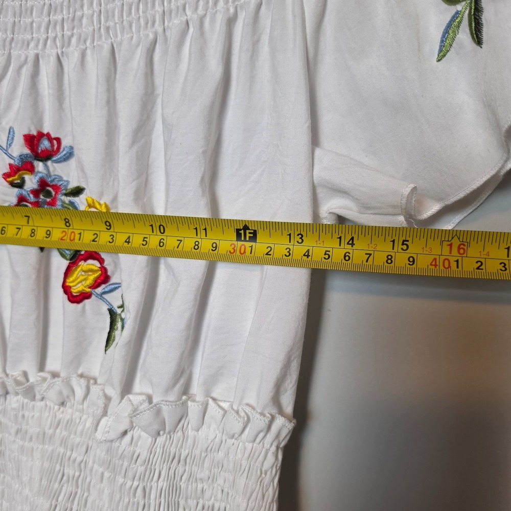 Floral Embroidered Smocked Off Shoulder Mini Dress White Size Small - Picture 6 of 9